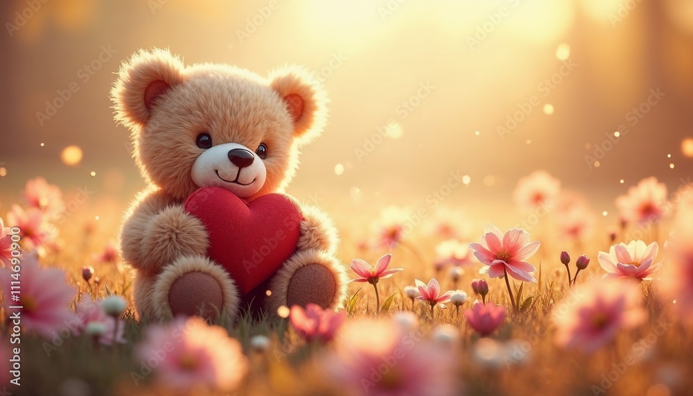 Fototapeta premium Cute teddy bear holding a red heart surrounded by flowers in warm sunlight