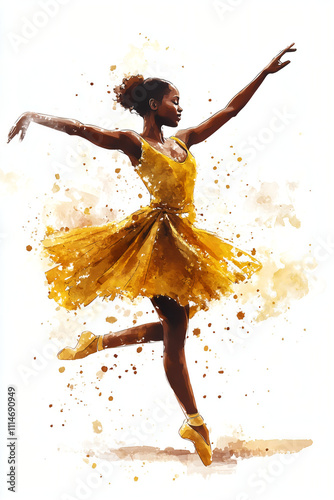 young african ballet dancer in move; watercolor blurred yellow art with dancing black female balerina teenage isolated over white background