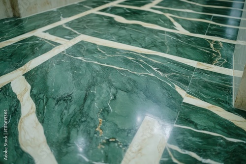 Luxurious view of green marble floor with cream veining, showcasing the natural elegance and bold patterns in a wide angle.