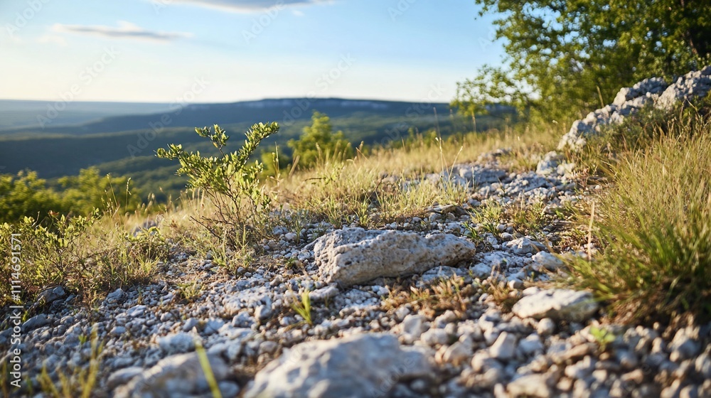 Obraz premium Rocky hillside landscape at sunset, showcasing vegetation, stones, and a distant mountain range under a partly cloudy sky.