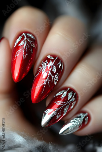 Detailed close-up of red and silver nail art featuring floral designs. photo