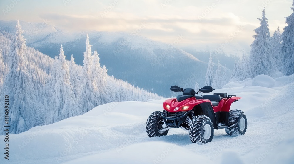 A red ATV parked on a snowy path surrounded by frosty trees and mountains. A red ATV parked on a snowy path surrounded by frosty trees and mountains.