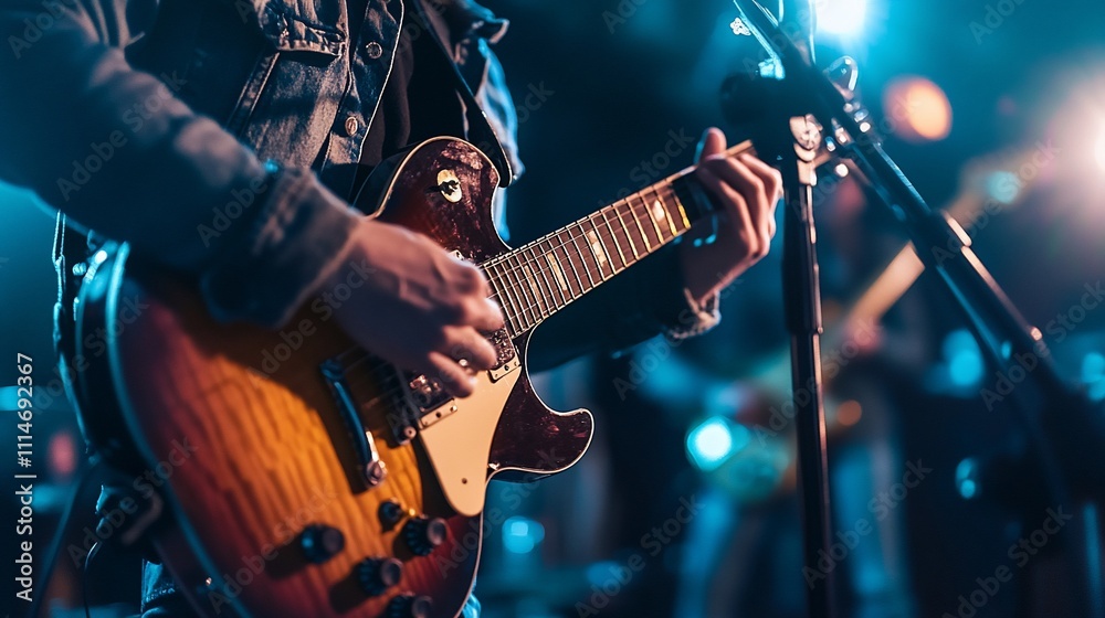 Fototapeta premium Close-up of a musician playing electric guitar on stage during a concert.