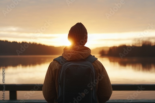 An adventurer stands on a pier, facing the water as the sun rises; equipped with a backpack in cool morning air; experience of new day and possibilities unfolding. photo