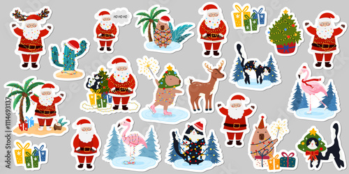 Big set stickers of Santa Claus and Christmas symbols and elements. Flat New Year Vector illustration