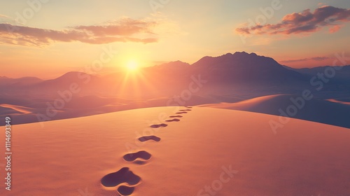 Desert Footprints Leading Towards Sunset Mountains