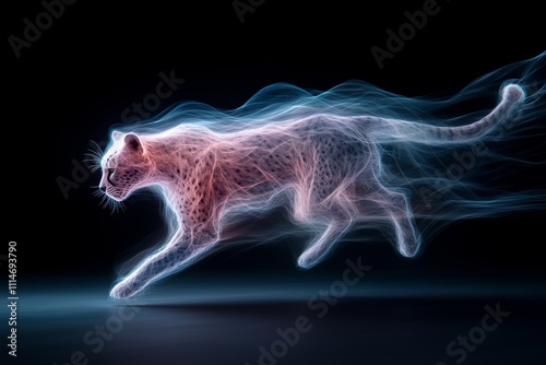 A translucent depiction of a cheetah in full stride, illuminated by vibrant streaks of light, capturing the essence of speed and agility in a modern abstract style. photo