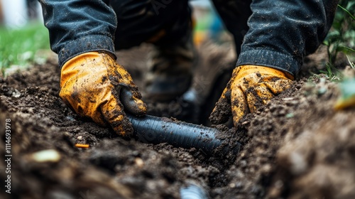 Hands carefully place a black pipe into freshly dug soil while enjoying a warm afternoon under clear skies photo