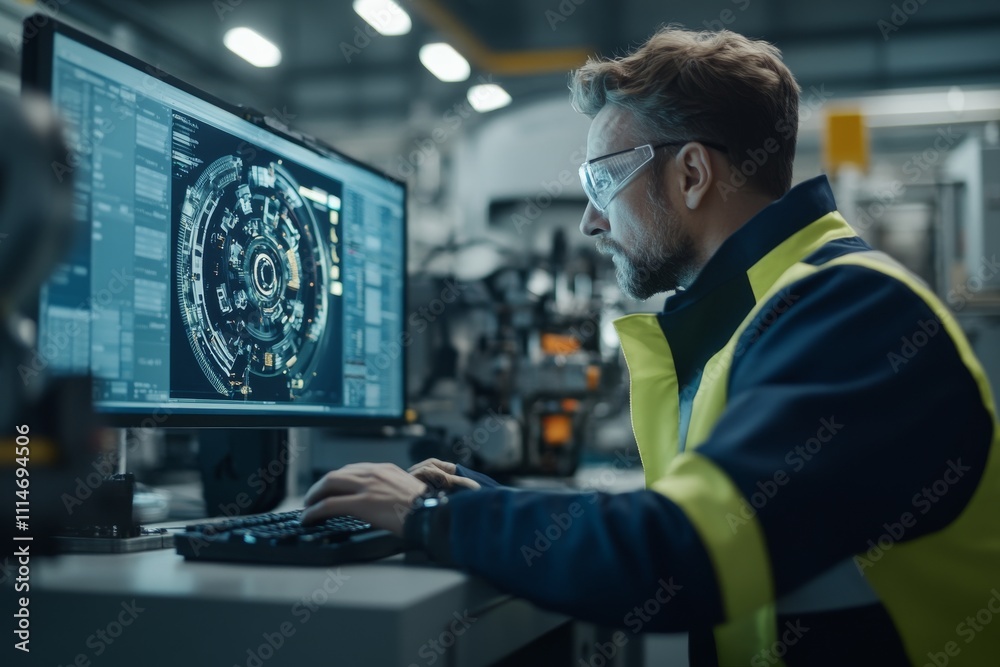 Fototapeta premium An engineer in a high-visibility jacket and safety goggles analyzes a futuristic design displayed on a computer screen, representing technology and innovation.