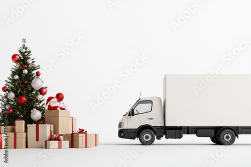 Delivery truck arriving for christmas with pile of gifts and decorated tree