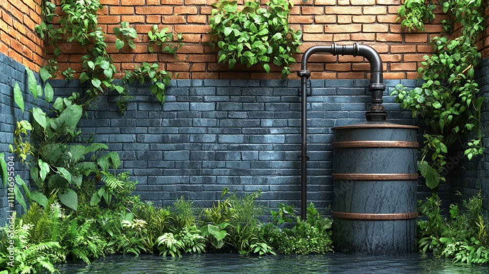 Fototapeta premium A lovely urban garden features a rustic rain barrel, lush plants, and textured brick walls enhancing its charm