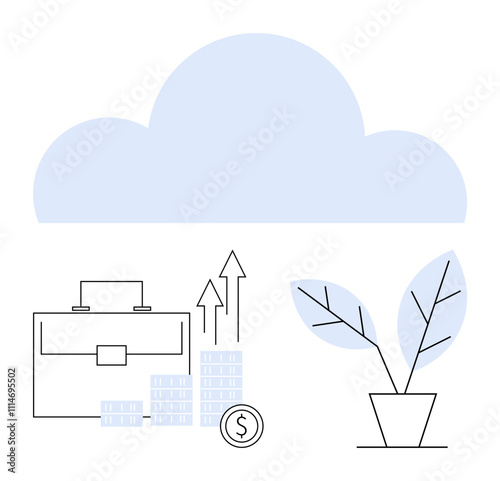 Briefcase next to rising bar chart and arrow, coin, and plant under blue cloud. Ideal for business strategy, growth, finance, investment, startup nature and sustainability themes. Line metaphor photo