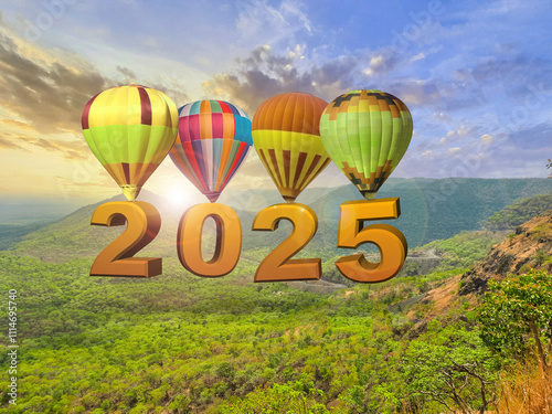 New year 2025 concept. Text 2025 hanging on the hot air balloon at sunset. New Year Start photo