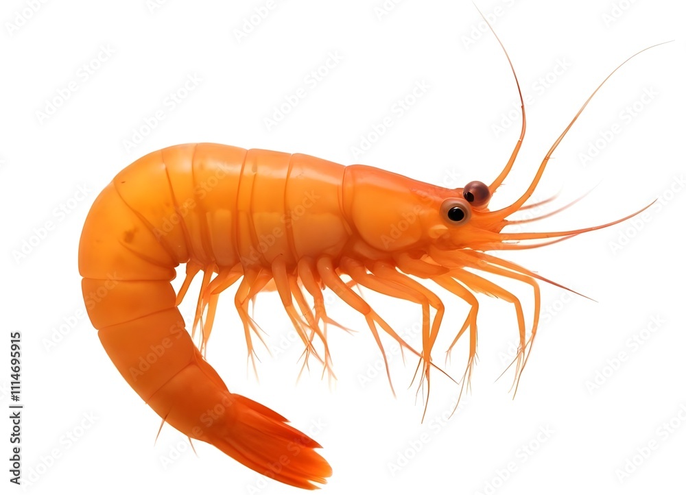 A bright orange shrimp with long antennae and legs , against a white background A bright orange shrimp with long antennae and legs , against a white background