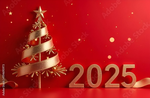 2025 with a Christmas tree on a red background, with a magical golden atmosphere.