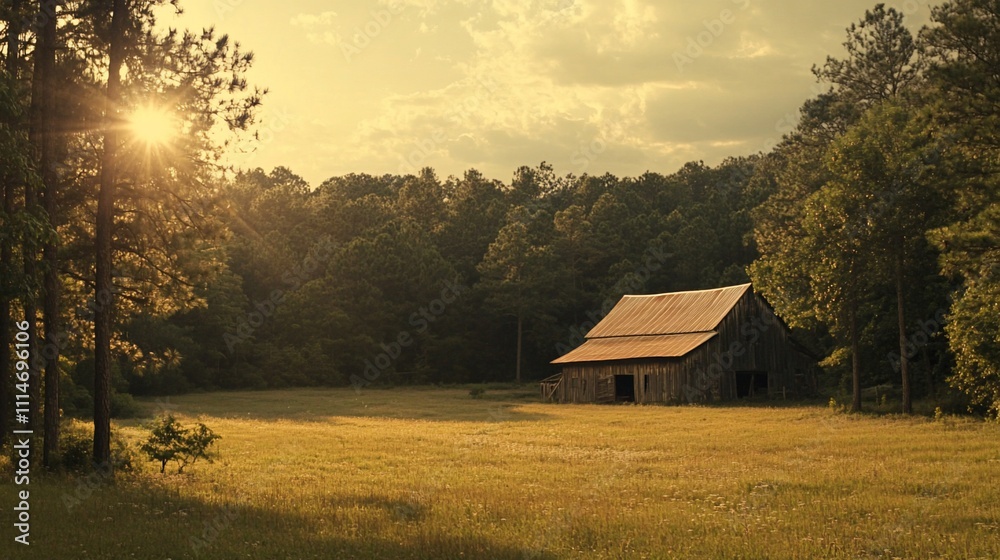 Fototapeta premium Rustic barn in a sun-drenched field, surrounded by a verdant forest at sunset.