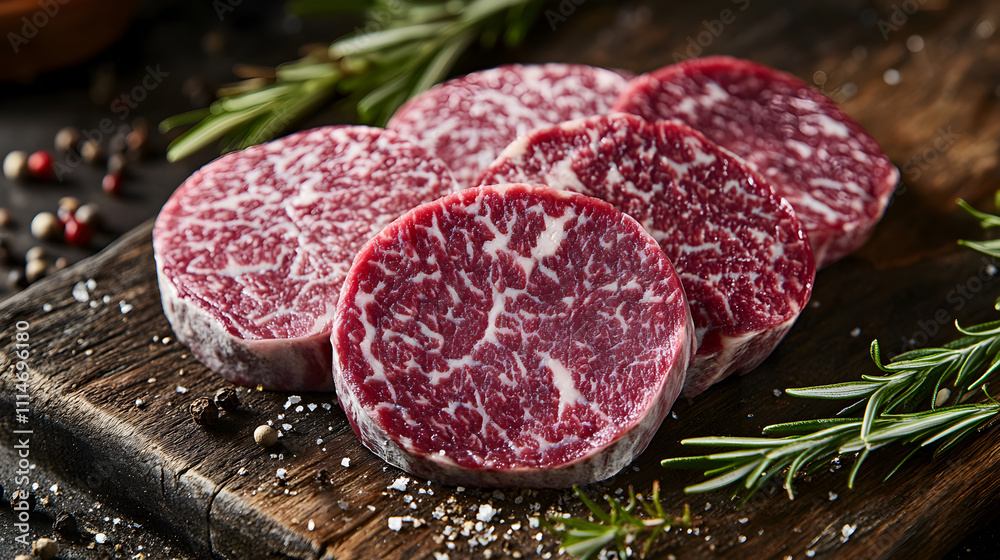 Premium Marbled Wagyu Beef Slices with Fresh Rosemary and Coarse Salt on Rustic Wooden Cutting Board for Gourmet Meal Preparation Premium Marbled Wagyu Beef Slices with Fresh Rosemary and Coarse Salt on Rustic Wooden Cutting Board for Gourmet Meal Preparation