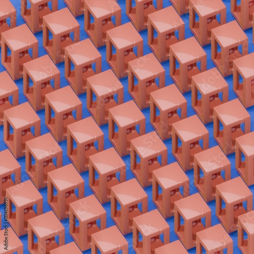 an abstract pattern of three-dimensional shiny shapes of different colors. Balls, cubes and other shapes. 3D render illustration.
