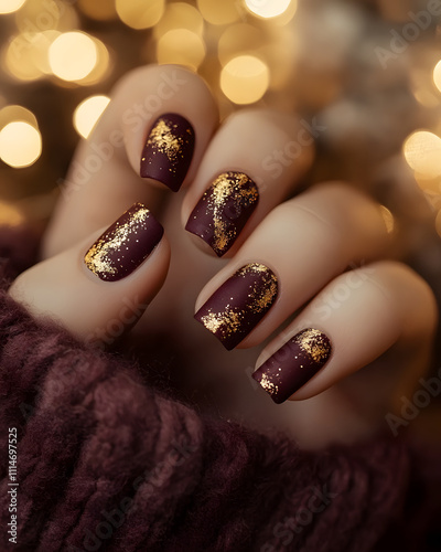 Close-up of beautifully manicured burgundy nails adorned with gold glitter accents.