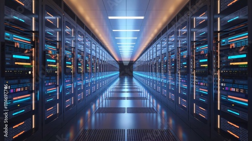 Row of network servers with glowing LED lights., showcasing an advanced and secure data center environment with cutting-edge technology.