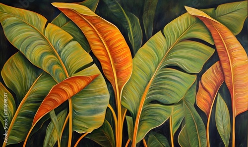 Wallpaper Mural Vibrant painting of tropical banana leaves in sunset hues. Torontodigital.ca