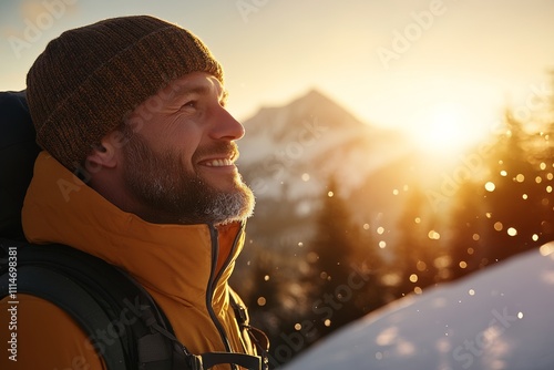 A winter hiker stands amidst a snowy mountain landscape, smiling warmly as the rising sun casts a golden glow, embracing the joy of adventure and nature's beauty. photo