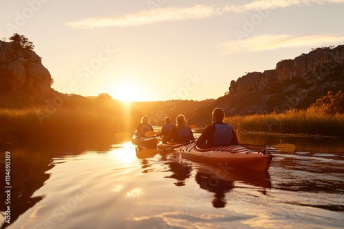 A group of individuals in kayaks venture through a tranquil canyon, with the warm colors of the sunset reflecting on the water, creating a peaceful scene. photo