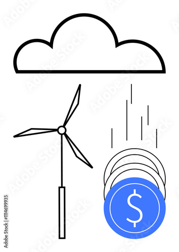 Wind turbine converting wind into money with falling coins under cloud signifies renewable energys financial benefits. Ideal for renewable energy, finance, sustainability, investment, eco-friendly