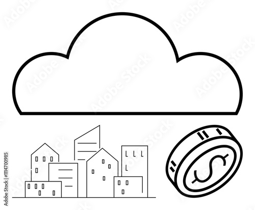 Large cloud above city buildings and dollar coin. Ideal for technology, finance, smart cities, digital economy, cloud services, urban planning, digital transformation. Line metaphor
