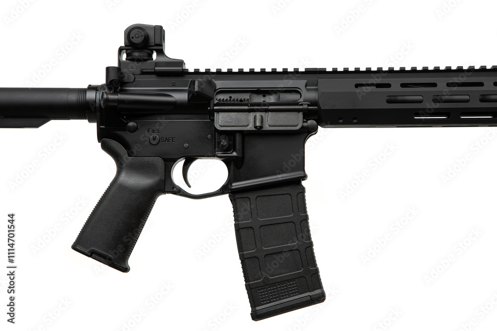 Modern AR-style rifle with a lightweight modular design, black matte finish, adjustable stock, Picatinny rail, ergonomic grip, and M-LOK handguard. Perfect for tactical or sport shooting. Modern AR-style rifle with a lightweight modular design, black matte finish, adjustable stock, Picatinny rail, ergonomic grip, and M-LOK handguard. Perfect for tactical or sport shooting.