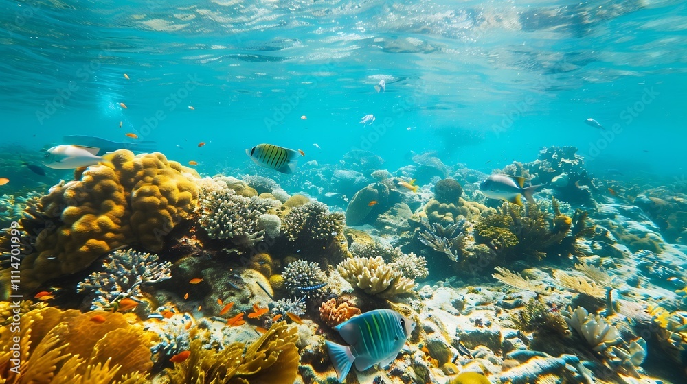 Obraz premium Discover vibrant coral reef during a snorkeling session showcasing underwater exploration and tropical fish in their natural habitat