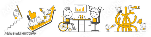 Business life illustrations set. Collection of scenes with men and women involved in business activities.