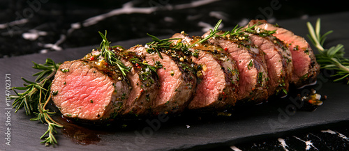 Herb-crusted steak fillet served on slate with rosemary and spices, perfect for fine dining restaurants and culinary promotions