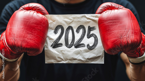 2025 new year goal plan action, new challenge and boxing strategies background. Closeup of boxer hand with red glove showing 2025 written paper. tournament, competition concept. Generative AI photo