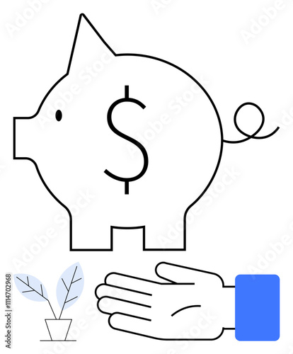 Piggy bank with dollar sign, outstretched hand, and potted plant. Ideal for savings, budgeting, finance, investments, economy growth and support concepts. Line metaphor