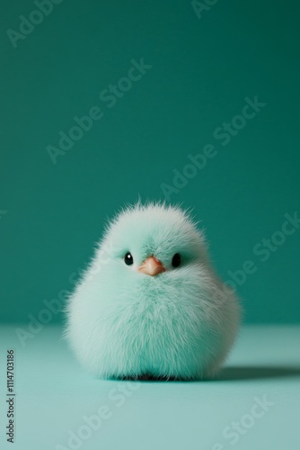 A mint green fluffy bird figurine sits peacefully against an identically colored background, blending cuteness and tranquility in a charming and artistic display. photo