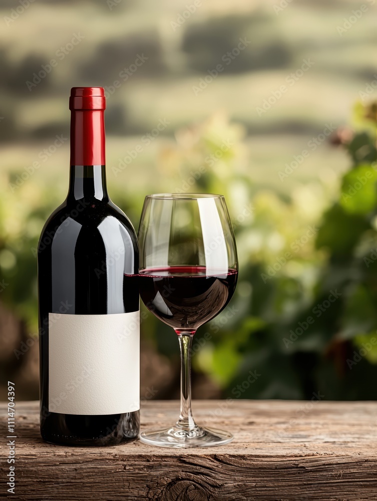 Red wine bottle and glass on rustic wooden table Red wine bottle and glass on rustic wooden table