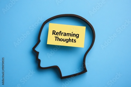 Outline of a head with the phrase reframing thoughts. Mindset shift and cognitive transformation.
 photo