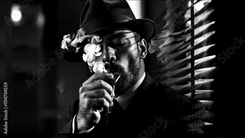 A mysterious man in a suit and fedora smokes a cigarette, evoking a retro detective or gangster vibe, in black and white.
