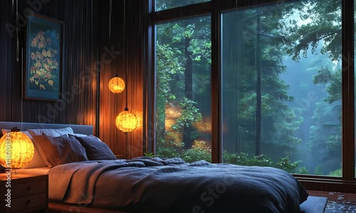 Cozy bedroom with rain forest view, illuminated by warm lamps.