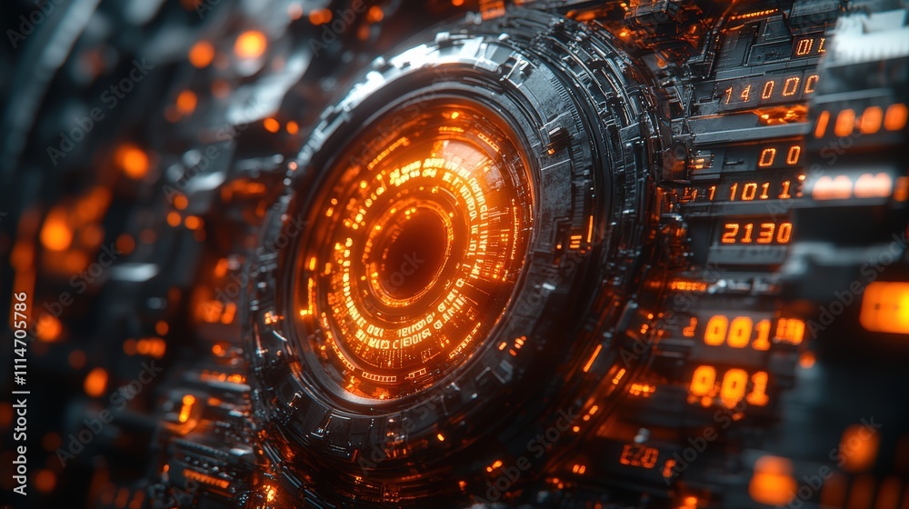 Obraz premium Detailed close-up of a computer chip on a circuit board with orange lights