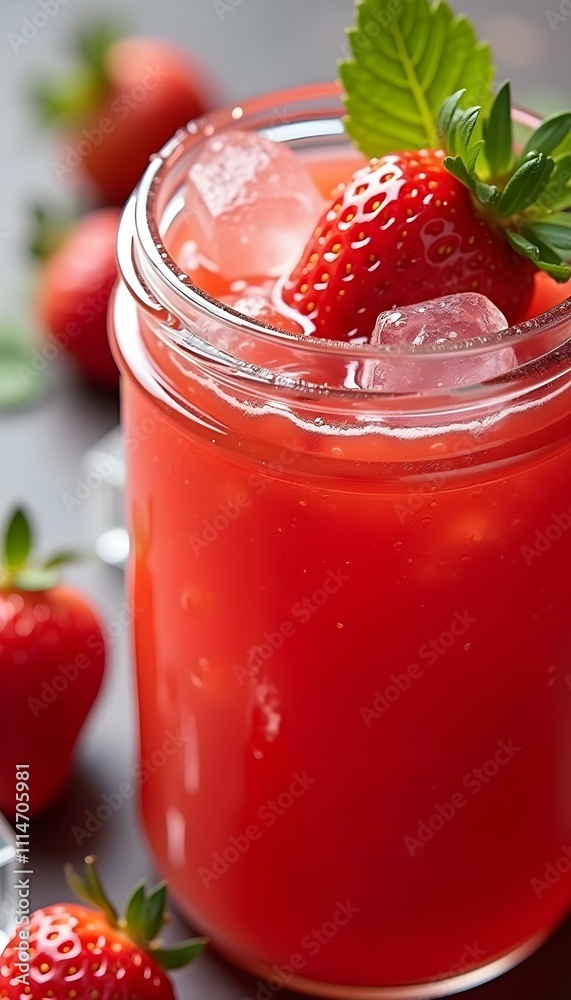 Red Strawberries with Mint Ice Cubes and Juice in a Glass Jar Fresh and Healthy Red Strawberries with Mint Ice Cubes and Juice in a Glass Jar Fresh and Healthy
