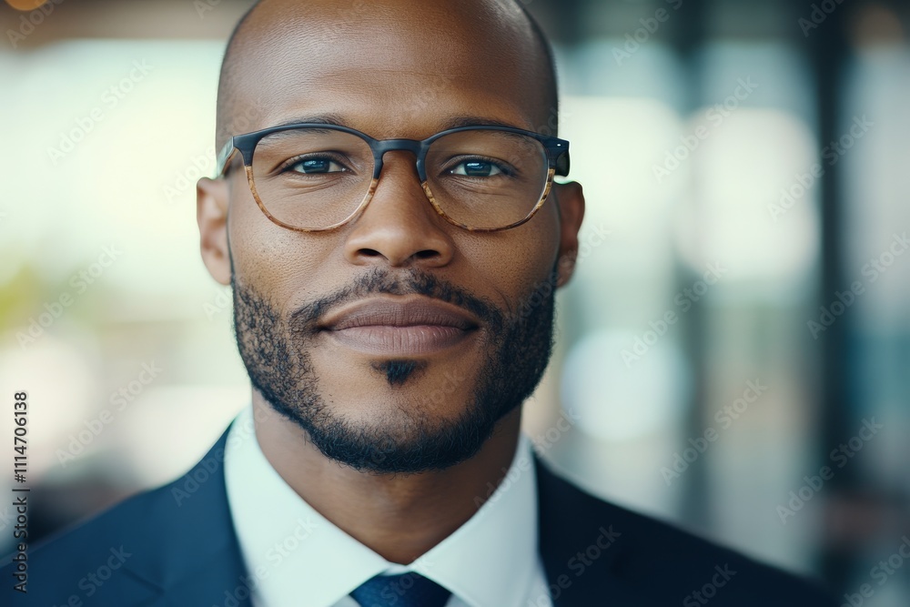 Naklejka premium A professional man in glasses, dressed in a business suit, smiling warmly at the camera with a thoughtful expression, embodying confidence and modernity.