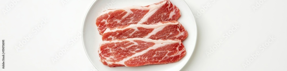 A piece of fresh raw Kurobuta pork slices with marbled texture on a white plate, isolated on a white background A piece of fresh raw Kurobuta pork slices with marbled texture on a white plate, isolated on a white background