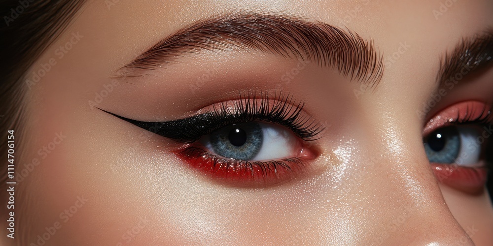 Naklejka premium Striking makeup enhances beauty with bold eyeliner and vibrant colors during a creative beauty session