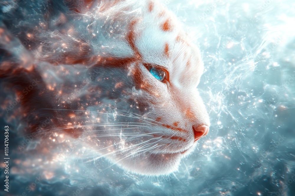 Obraz premium A close-up profile of a white cat with blue eyes amidst ethereal, magical lights and abstract swirls, evoking mystery and wonder in a fantasy-like setting.