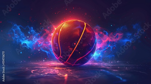 Glowing basketball with vibrant blue and red flames.