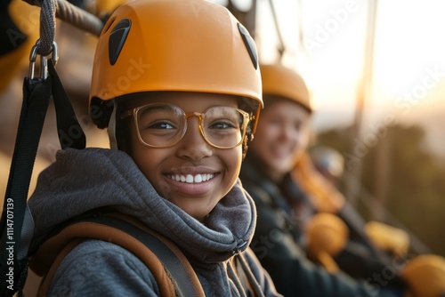 A cheerful child beams with delight while enjoying a thrilling zipline ride in a sunlit setting, capturing the essence of youthful joy and spirited adventure. photo