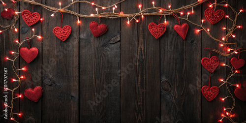 border banner of valentines decorations and fairy lights on a rustic wood background with copy space