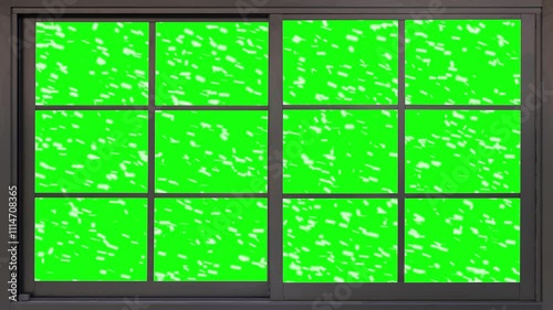 Digital animation of wooden window frame against snow falling on green screen. Perfect for your videos to put your background in it. Chrstmas and Winter concept in 4K.